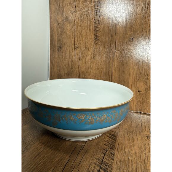Rocal Limoges France Turquoise Gold Serving Bowl 10” Double Dorure Rim Chip